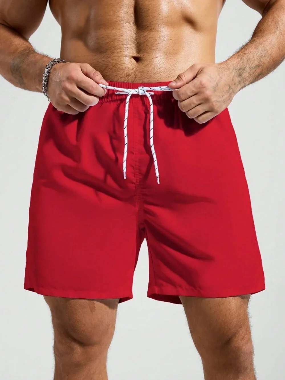 Red Sports Men's Elastic Waist Drawstring Pocket Beach Shorts
